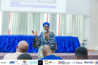 Madam Ama Pomaa Boateng speaking at the event