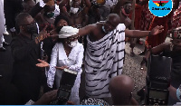 Former First Lady Mrs. Konadu Agyemang Rawlings dancing at the funeral of her mother-in-law