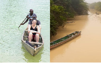 Combination photo of pristine and polluted Ankobra river