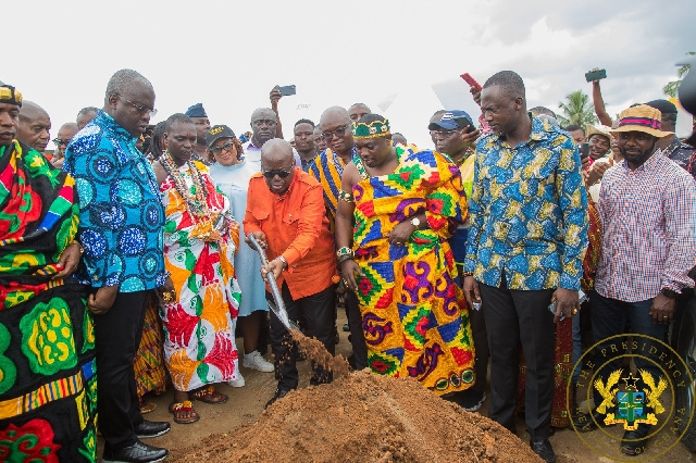 President Akufo-Addo (in orange) performing the ground breaking ceremony