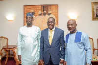 Speaker Alban Bagbin with Minority Leader Haruna Idrissu (left) and the Majority Leader