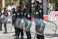 Security forces stand guard during a protest against the reopening of the Lekki toll gate[Reuters]