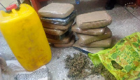 The gallon containing the bitters and slabs of dried Indian hemp