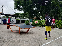 Teqball players, Samuel Aidoo and Akoto demonstrating the rules of the game to the gathering