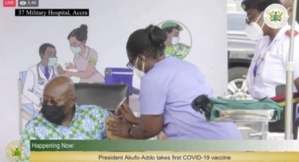 President Nana Akufo-Addo took his COVID-19 vaccine injection on March 1 at the 37 Military Hospital