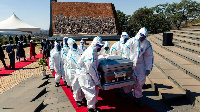 Pallbearers carry the coffin of late Zimbabwe's agriculture minister Perrance Shiri at his funeral