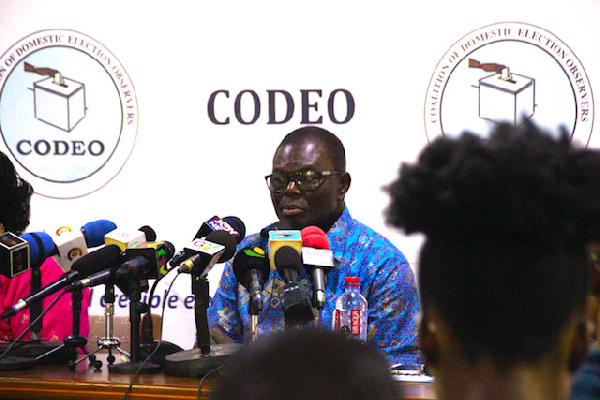 Albert Arhin, National Coordinator for CODEO addressing the media