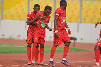 Asante Kotoko players celebrating a goal(L-R Imoro Ibrahim, Richmond Lamptey, Mfegue)