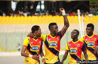 Hearts of Oak striker Cosmos Dauda celebrate his goal with team mates