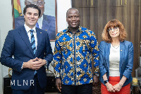 Lands Minister, Samuel Abu Jinapor flanked by Tim Watts and Berenice Jesse-Owens