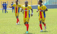 Bossie Amponsah middle joined by teammates to celebrate his goal