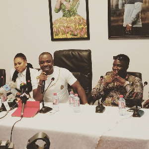 Joyce Blessing(L) seated with Samuel Baah and Obibini at the press conference