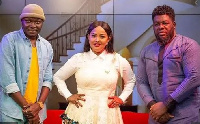 Arnold Asamoah-Baidoo (L), Nana Ama McBrown and Bulldog pose for a photo after the show