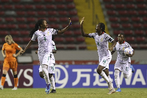 Black Princesses forward Doris Boaduwaa celebrating her goal against Netherlands