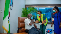 Edo State Governor, Godwin Obaseki as he receive im vaccine