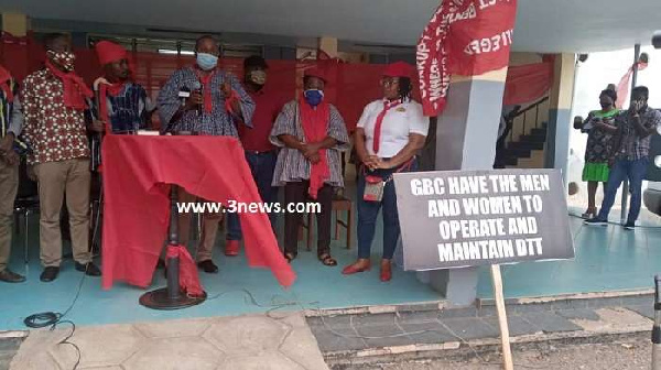 GBC workers are seen at emergency meeting to protest the move