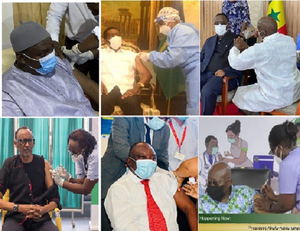 Collage of African leaders receiving coronavirus jabs