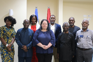 Israeli Ambassador to Ghana Shlomit Sufa in a photo with President Professor Obeng Mireku and others