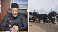 Minister for Niger Delta Affairs Godswill Akpabio plus pipo wey dey protest di condition of di road