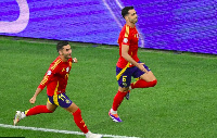 Ferran Torres and Mikel Merino celebrating Spain's winning goal