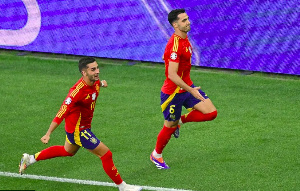 Ferran Torres and Mikel Merino celebrating Spain's winning goal