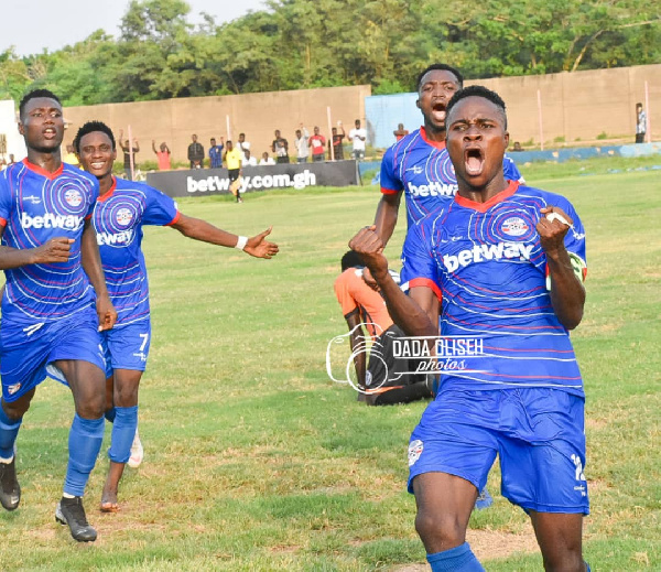 Liberty Professionals captain Michael Ampadu celebrating his equaliser for his team