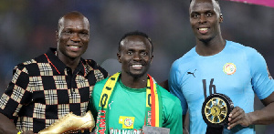 L-R: Aboubakar, top scorer; Mane, best player and Mendy, best goalie at AFCON