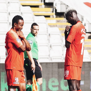 Ghana international Isaac Atanga celebrating with a team mate