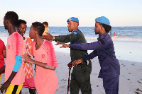 Somali police officers disperse people from the Lido beach in Mogadishu, Somalia,| ABDIRAZAK HUSSEIN