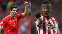 A photo of Luis Suarez and Asamoah Gyan