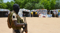 A Niger soldier stands guard at a camp in Diffa, Niger, in this picture from 2016