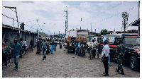 A Congolese army ambulance waits at the border between Rwanda and the Democratic Republic of Congo