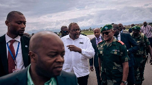 Former Kenyan president Uhuru Kenyatta (centre) arrives in Goma, eastern DRC on November 15, 2022