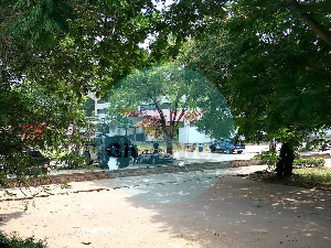 Some of the police reinforcement vehicles can be seen around the Sarbah Hall