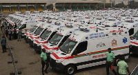 A photo of parked ambulances