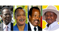 Rawlings' peers still in power as of 2021. L-R: Nguema, Sassou, Biya, Museveni.