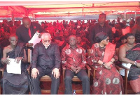 Mr  Nyamekye Marfo sitting in between Former President Rawlings and Lordina Mahama