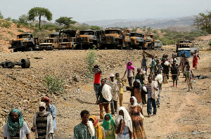 Villagers return from a market to Yechila town in south-central Tigray on July 10, 2021