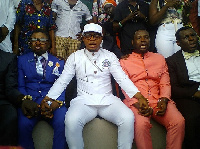 Bishop Daniel Obinim with his junior pastors praying at the Jubilee Park in Kumasi