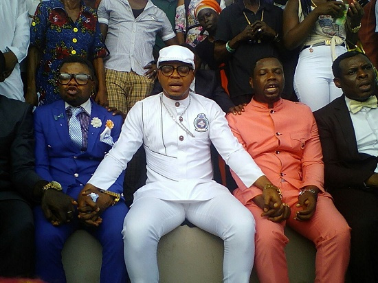 Bishop Daniel Obinim with his junior pastors praying at the Jubilee Park in Kumasi