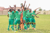 Nsoatreman players celebrating after a hard-fought win against Asante Kotoko