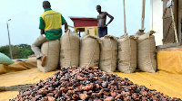 Cocoa beans are pictured next to a warehouse in Ghana [REUTERS/Ange Aboa]