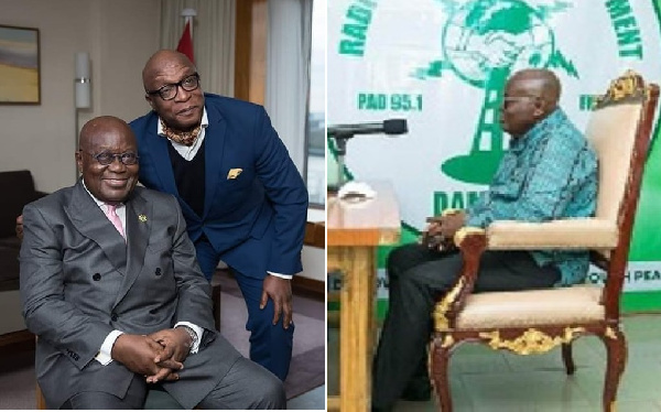 Akufo-Addo with BBC journalist and Akufo-Addo seated on his presidential chair