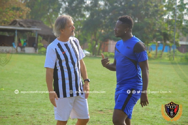 Legon Cities FC coach, Goran Barjaktarevic and striker, Asamoah Gyan