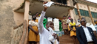 DCE, Mr. Kwasi Bonzoh speaking to students at Nkroful Agricultural Senior High School