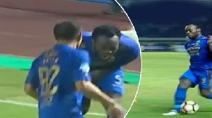 Ball hits Michael Essien's testicles