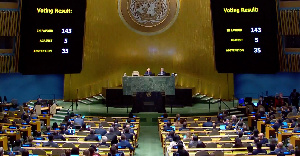 Results of the UN resolution projected in the UNGA Hall