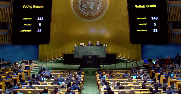 Results of the UN resolution projected in the UNGA Hall