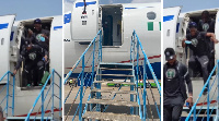 The Nigeria Super Eagles players descending from the plane at the airport