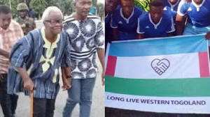 Leader of the Separatist movement, Charles Komi Kudzordzi (L) and the supposed flag of the group